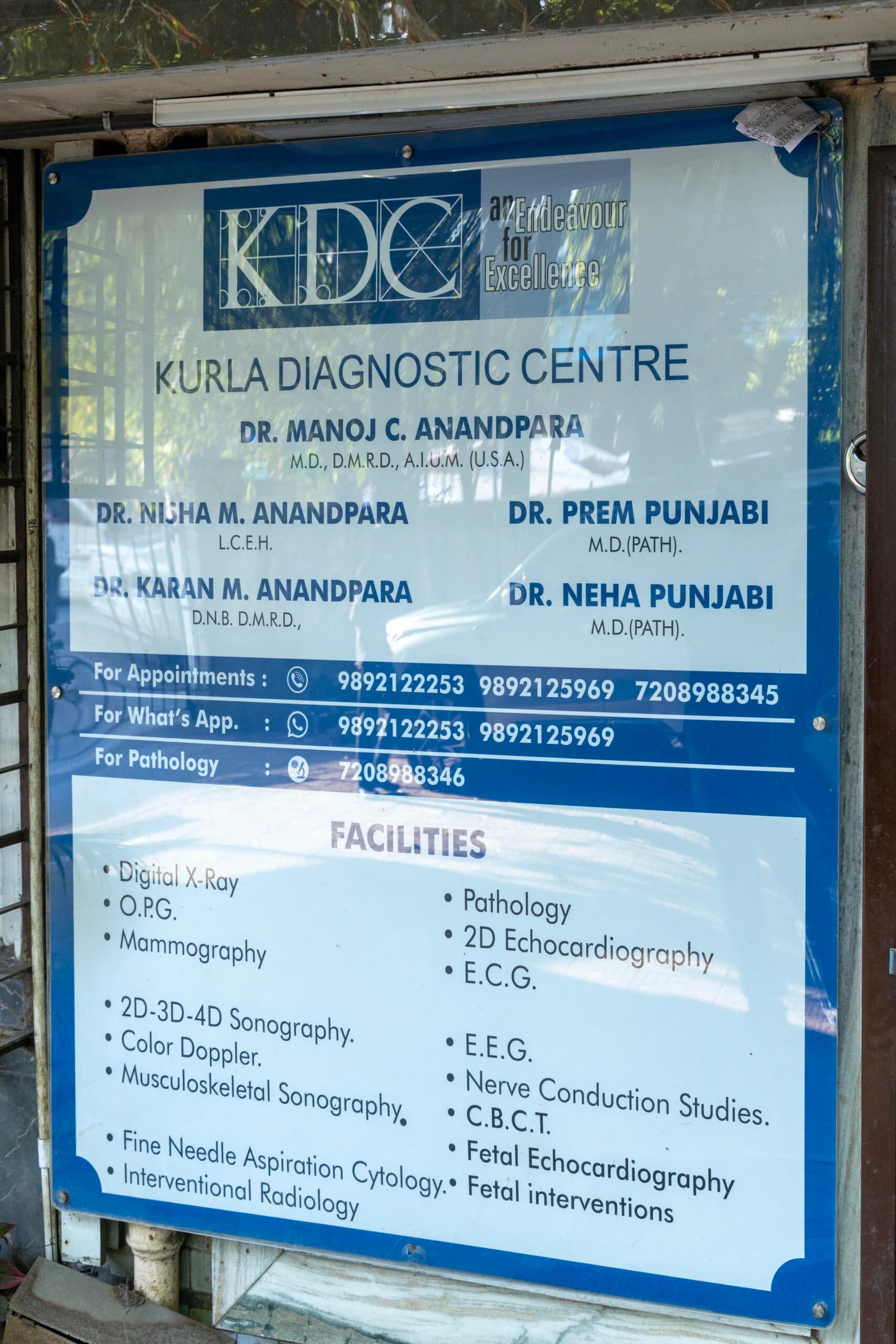 List of services board at Kurla Diagnostic Centre
